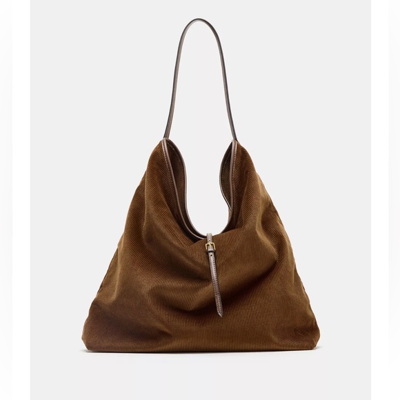 Zara Handbags - Zara Corduroy Effect Hobo Shoulder Tote Bag Brown NWT